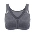 Front view of grey high support sports bra with front zip closure and wide straps - MissFine