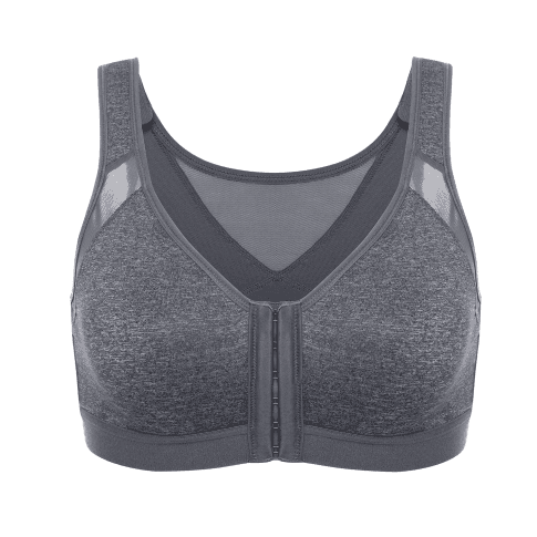 Front view of grey high support sports bra with front zip closure and wide straps - MissFine