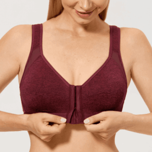 Front view of olive green front closure sports bra with wide straps - MissFine