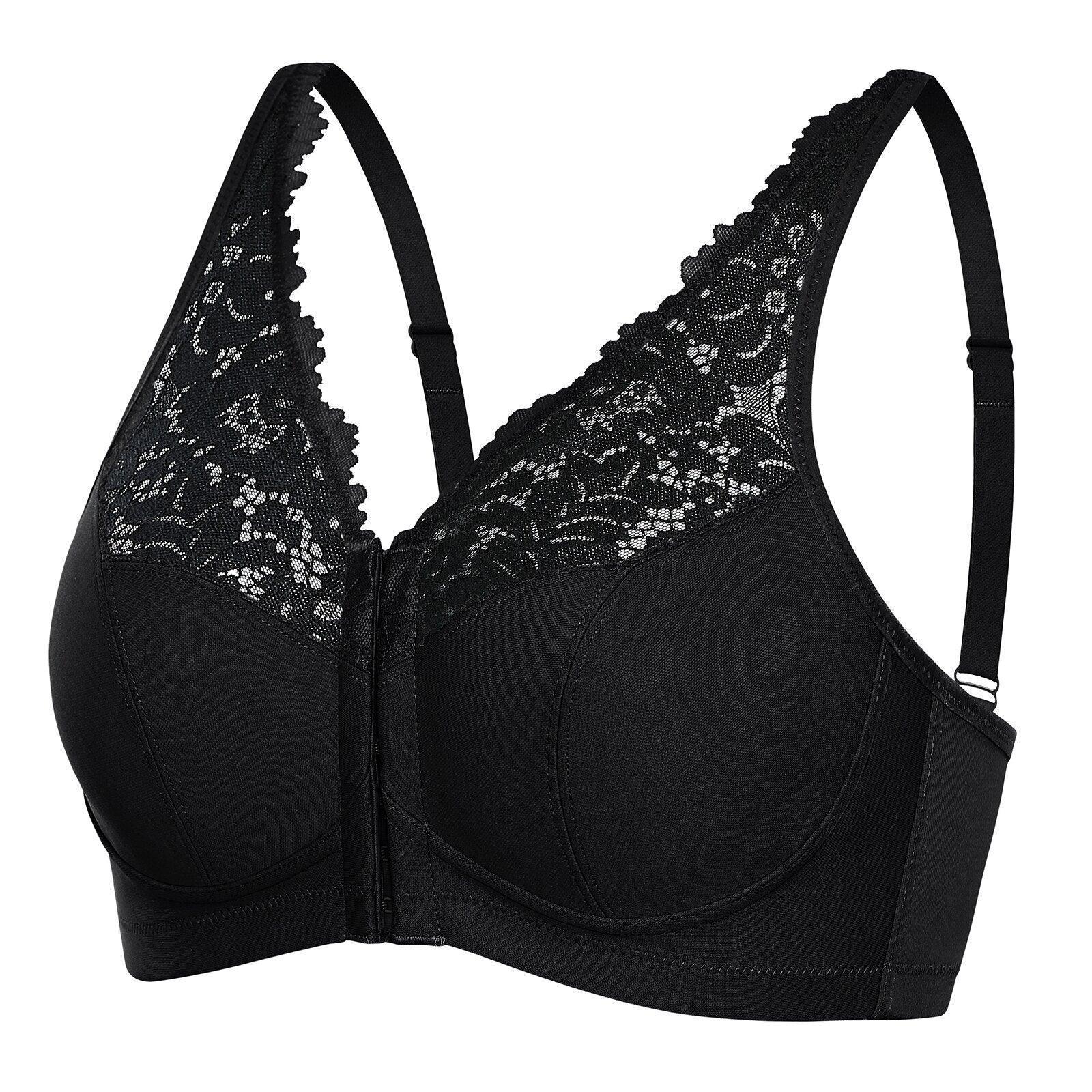 Close-up of molded cup and floral lace trim on full cup front zip bra - MissFine