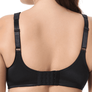 Back view of black full coverage bra showing wide adjustable straps and multi-hook closure - MissFine