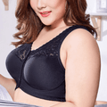 Front view of black front-closure padded plus size bra with lace neckline and wide straps - MissFine