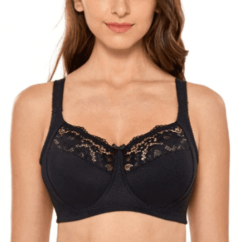 Front view of black non wired full cup plus size bra with lace trim - MissFine