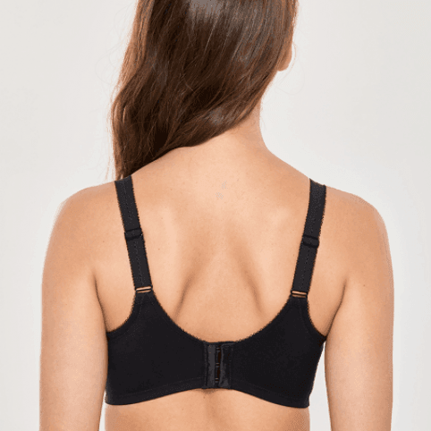 Back view of black plus size bra with back closure and wide-set straps - MissFine