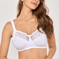 Front view of white full coverage plus size balconette bra with lace neckline and underwire cups - MissFine
