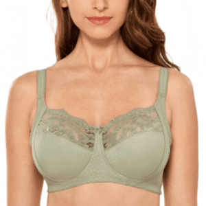 Front view of olive plus size full cup padded underwire bra with lace trim - MissFine