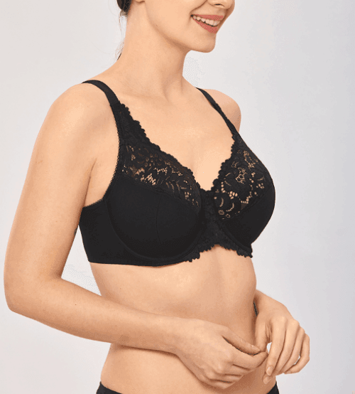 Back view of black full coverage bra with wide band and hook-and-eye closure - MissFine