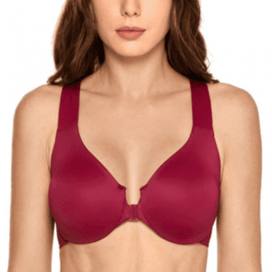 Front view of bordeaux full cup front closure bra with molded cups and wide straps - MissFine
