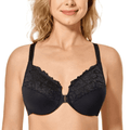 Front view of black plus size bra with lace overlay and lightly padded plunge cups - MissFine