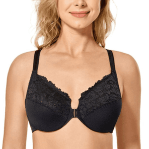 Front view of black plus size bra with lace overlay and lightly padded plunge cups - MissFine