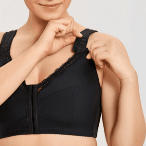 Close-up of front hook-and-eye closure and decorative lace trim detail - MissFine