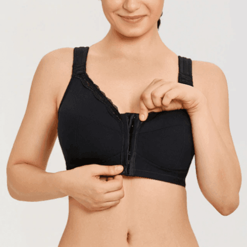 Front view of black plus size wireless front-closure bra with lace neckline - MissFine