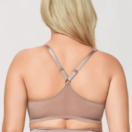 Side view showing smooth molded cups and wide band of beige front closure bra - MissFine