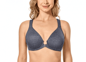 Side view showing smooth heathered fabric and adjustable straps on blue gray t-shirt bra - MissFine