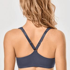 Close-up of molded plunge cups and clean seams on blue gray t-shirt bra - MissFine