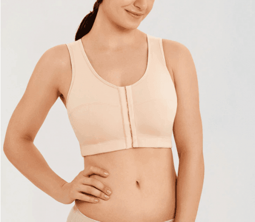 Close-up of front hook closure on nude wireless full cup bra - MissFine