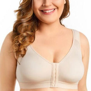 Front view of cream wireless full cup bra with front hook closure and wide straps - MissFine