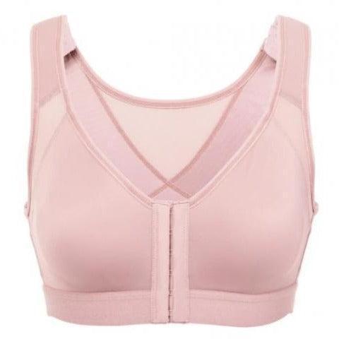 Front view of light pink wireless full coverage front-closure bra on mannequin - MissFine