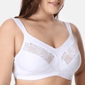 Front view of black plus size wireless full cup bra with lace upper cups and wide straps - MissFine