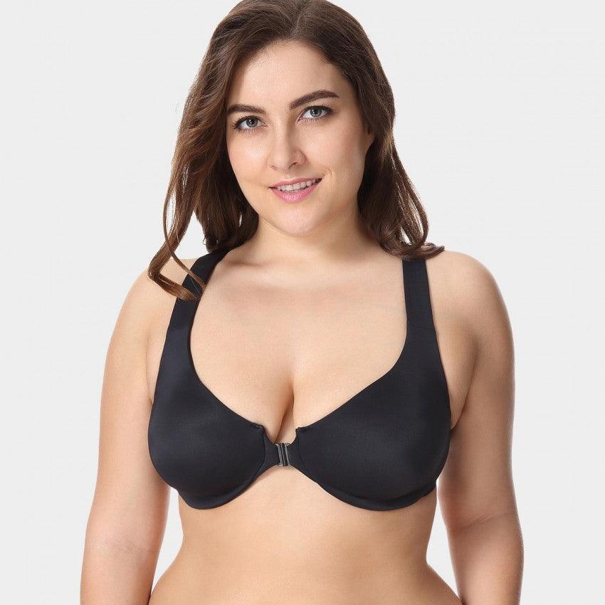 Front view of black full cup plus size bra with molded cups and front closure - MissFine