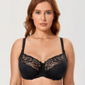 Front view of black lace full cup underwire bra with padded cups and adjustable straps - MissFine