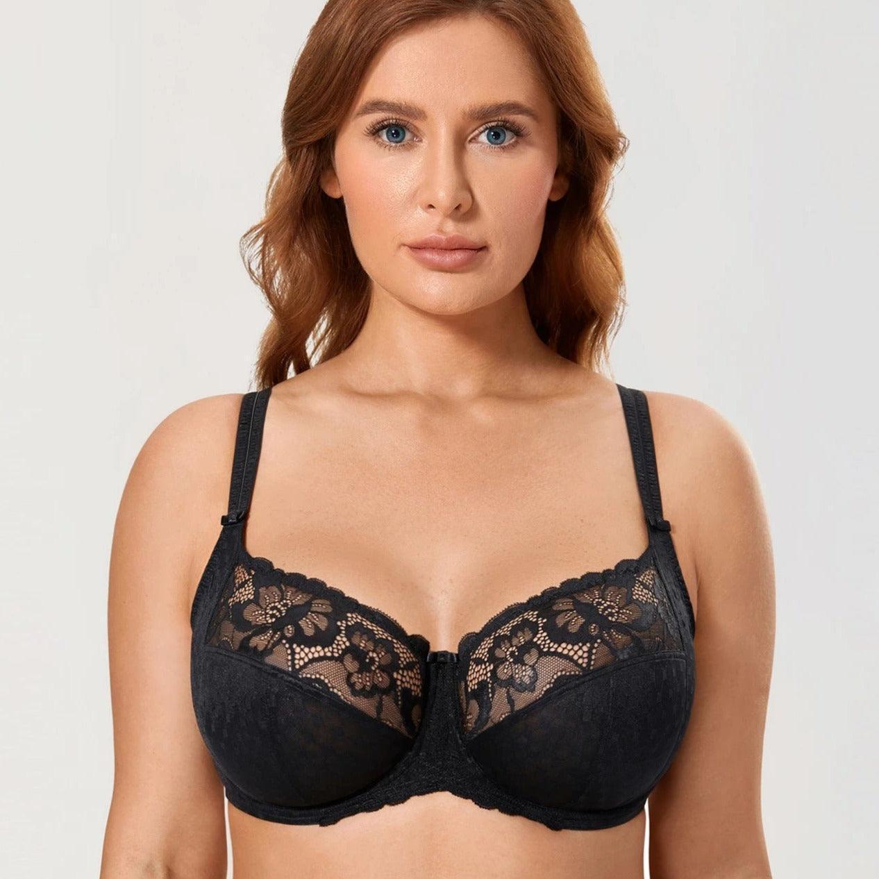 Front view of black lace full cup underwire bra with padded cups and adjustable straps - MissFine