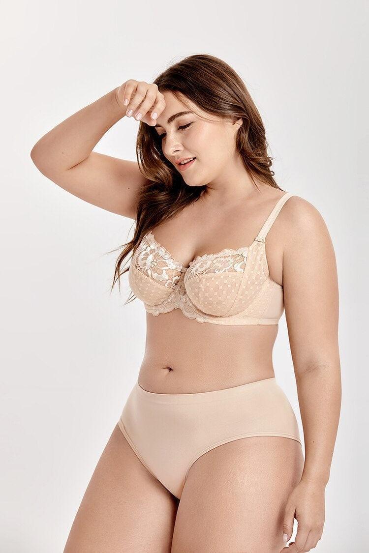 Side angle showing band, back closure and lace detailing on plus size padded bra - MissFine