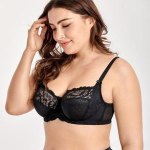 Close-up of floral lace overlay and polka dot texture on molded full coverage cups - MissFine