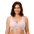 Front view of plus size pink wireless full cup cotton bra with lace V neckline - MissFine