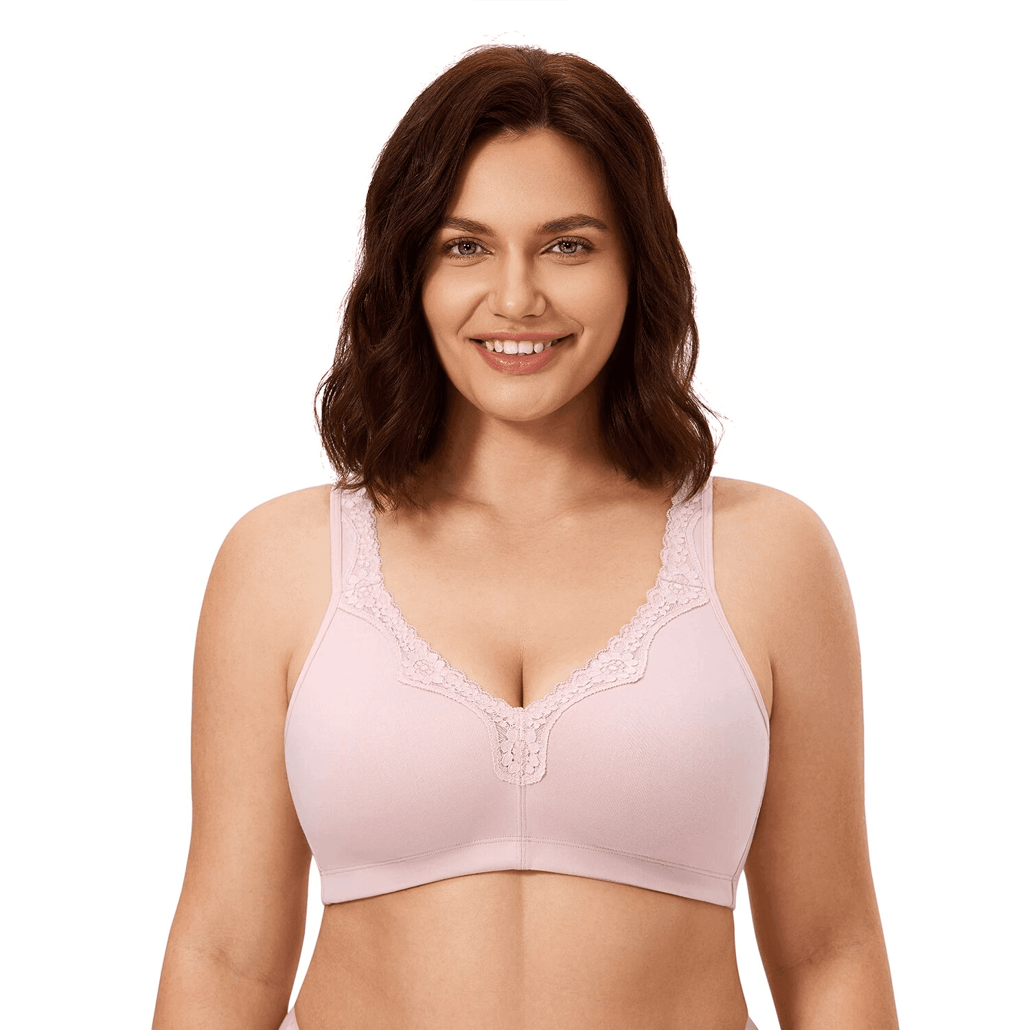 Front view of plus size pink wireless full cup cotton bra with lace V neckline - MissFine