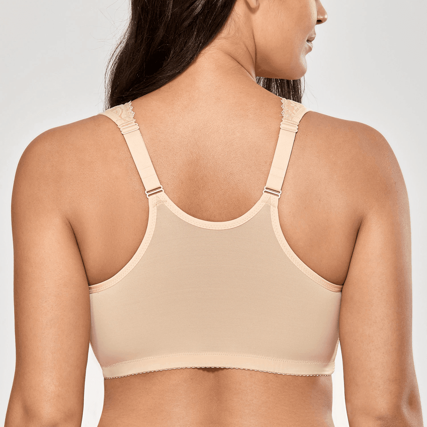 Side view of nude seamless full coverage bra showing wide adjustable straps and smooth band - MissFine