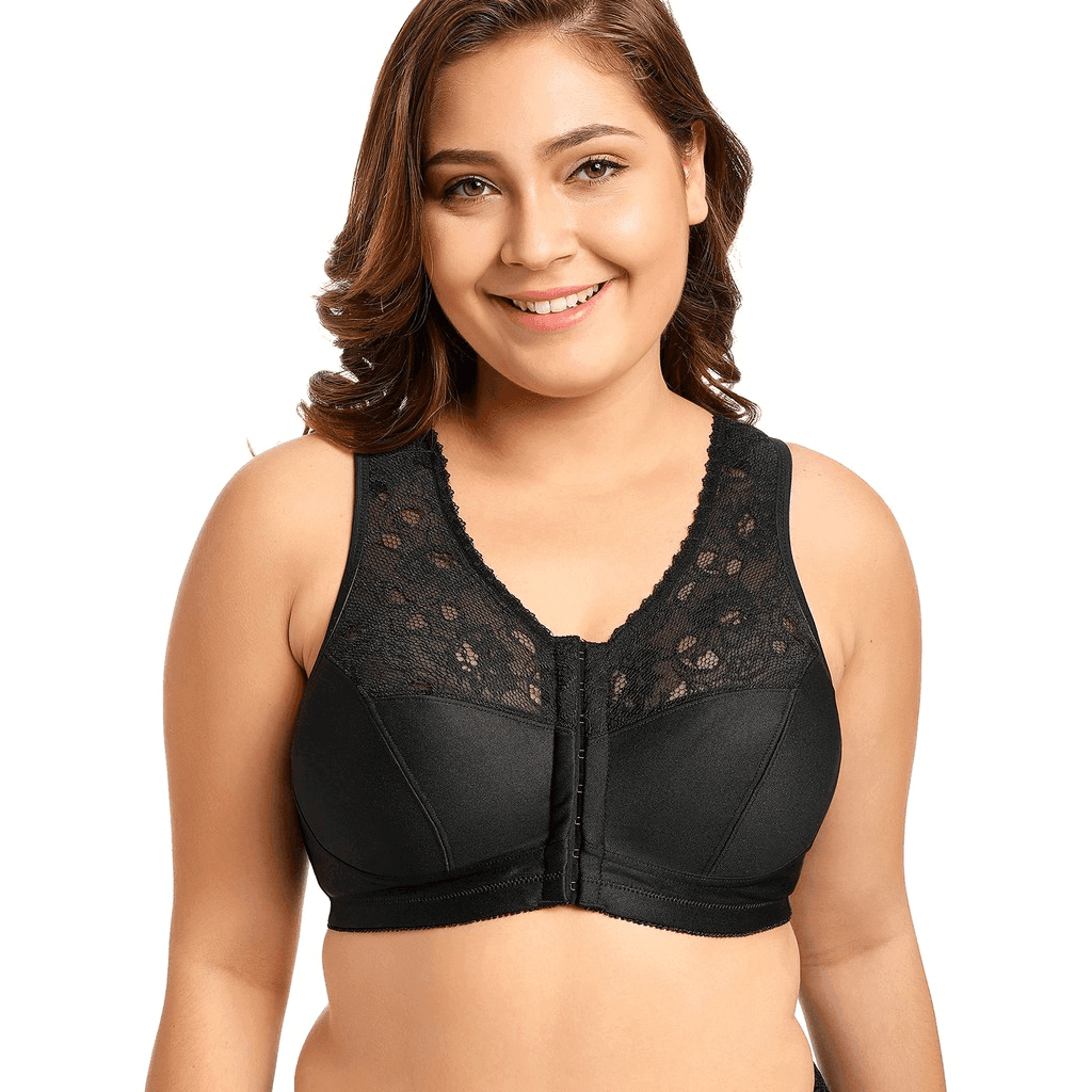 Front view of black plus size full coverage wireless bra with wide straps - MissFine