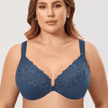 Front view dusty blue full cup bra with lace upper cups and front clasp closure - MissFine