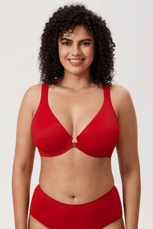 Close-up of gold-tone front clasp between seamless padded cups on red bra - MissFine