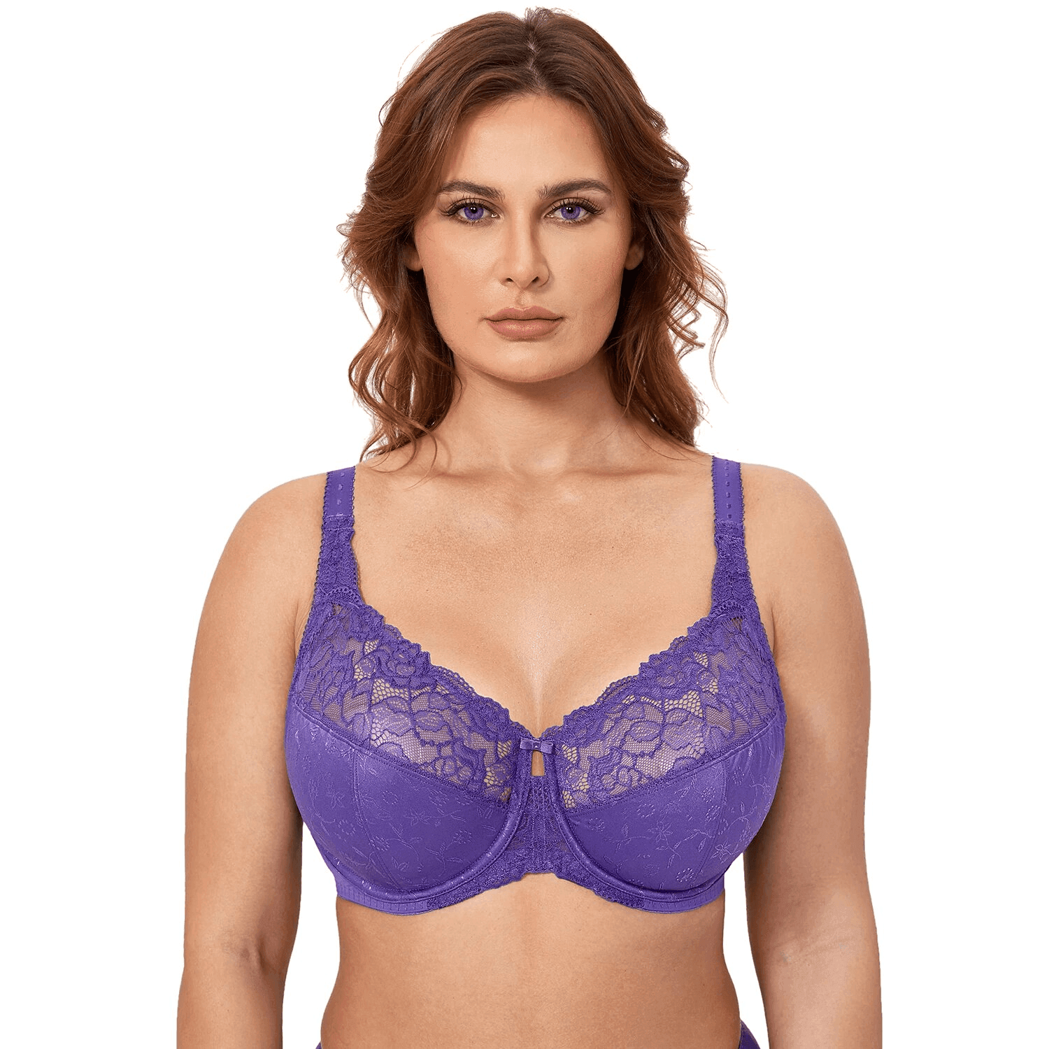 Close-up of floral lace overlay on purple full cup underwire bra - MissFine