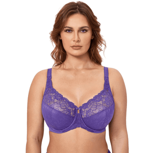 Close-up of floral lace overlay on purple full cup underwire bra - MissFine