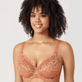 Front view of purple plunge plus size padded bra with lace overlay and molded cups - MissFine