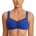 Front view of blue high support sports bra with molded full cups and underwire - MissFine