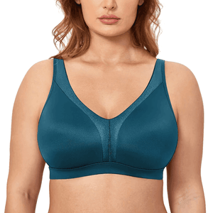 Front view of plus-size blue full cup wireless bra with V-neckline and wide straps - MissFine