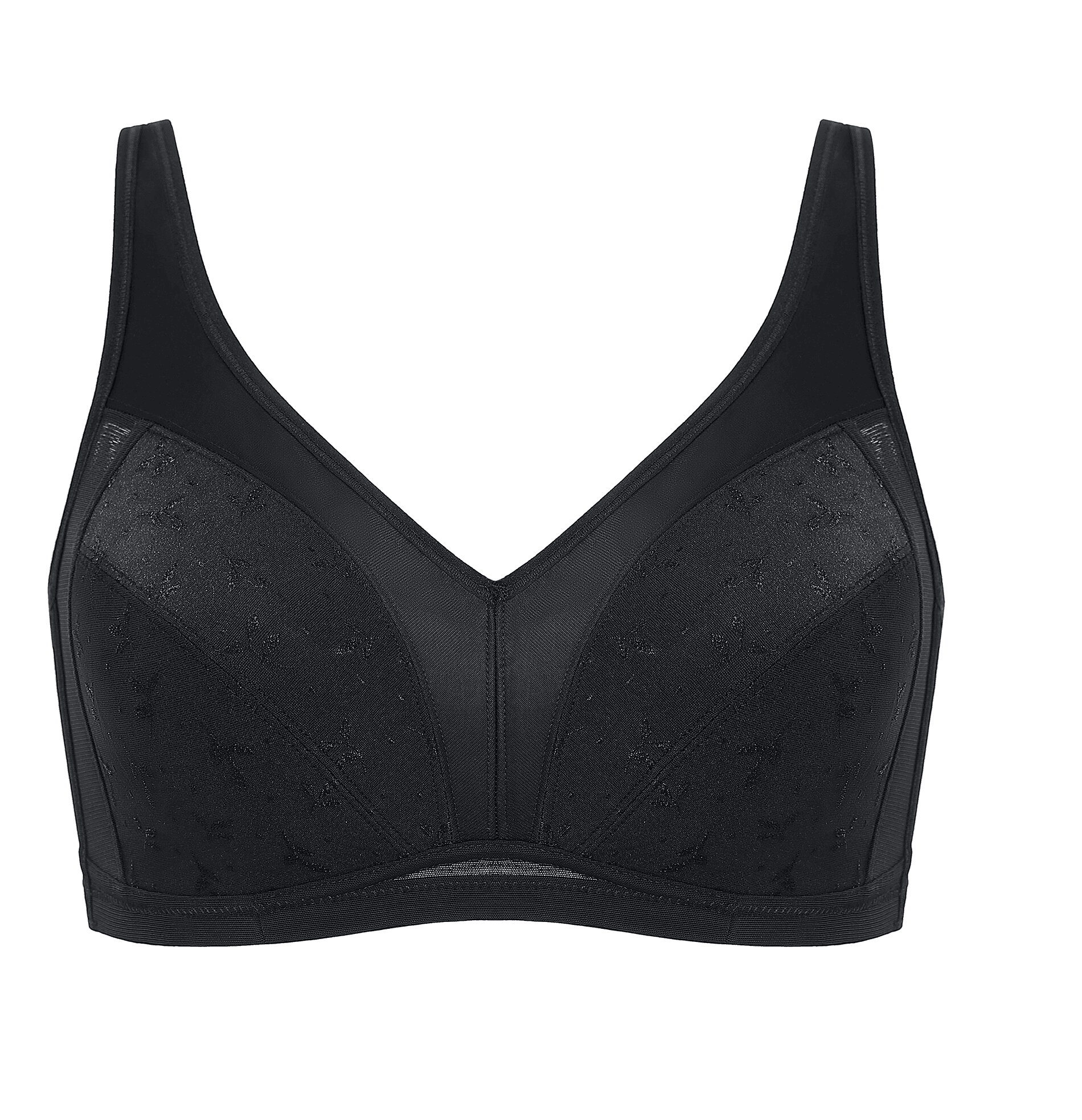 Front view of black full cup minimiser bra with V-neckline and wide adjustable straps - MissFine