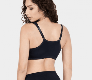 Side angle showing smooth seamless cups and adjustable straps on black plus size bra - MissFine
