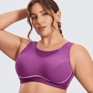 Front view of plus-size black full coverage sports bra with wide straps and mesh neckline panel - MissFine
