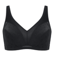 Front view of black full cup minimiser bra with V-neckline and wide adjustable straps - MissFine