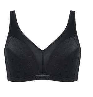Front view of black full cup minimiser bra with V-neckline and wide adjustable straps - MissFine