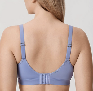 Side angle of blue plus size bra showing smooth cups and gentle V-neckline - MissFine