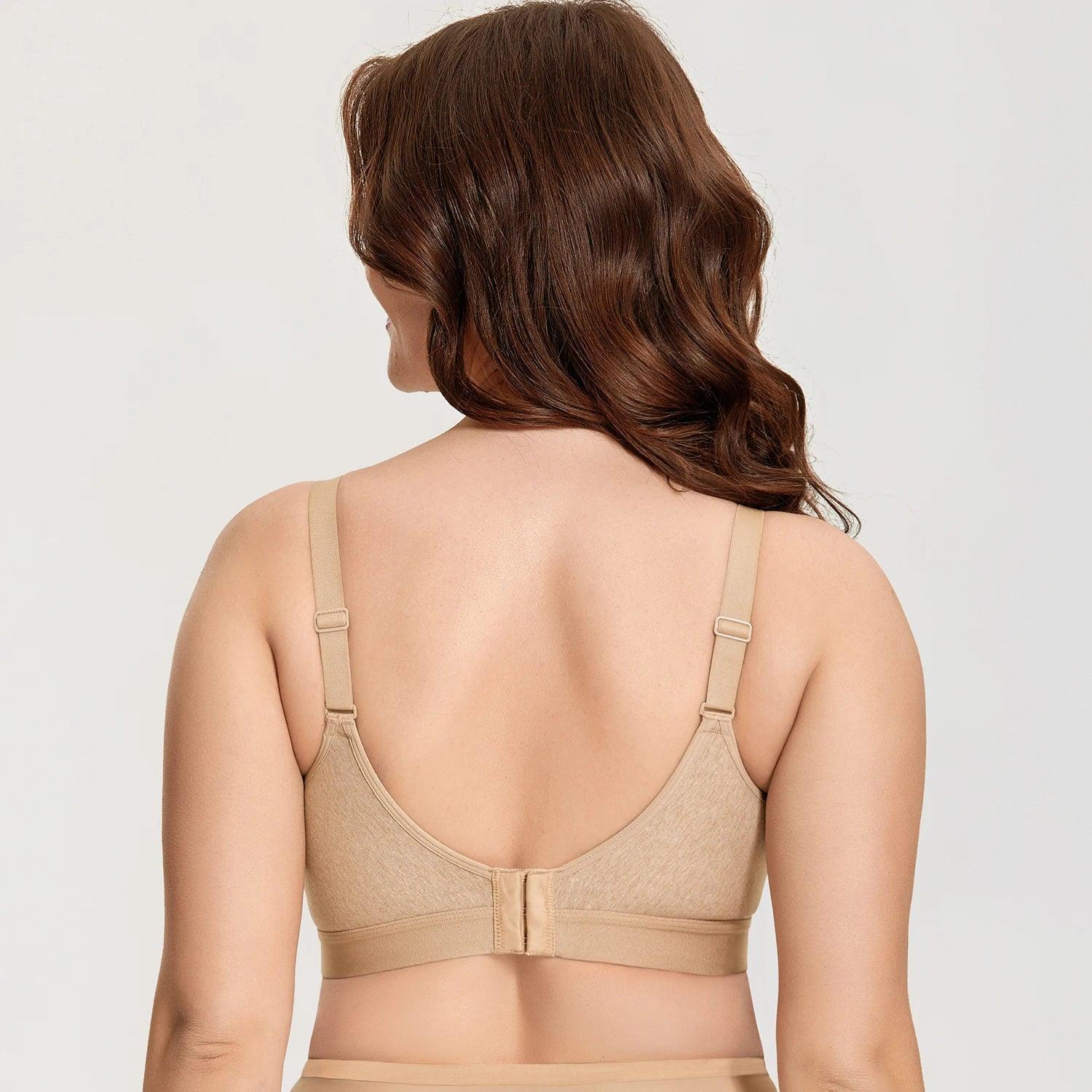 Back view of nude wireless bra with wide band and hook-and-eye closure - MissFine