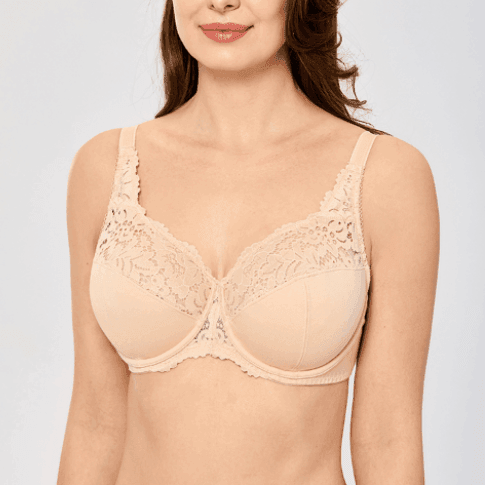 Front view of nude plus size full cup lace bra with smooth seamless cups - MissFine