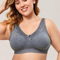 Front view of gray non wired full cup bra with lace V-neckline and wide straps - MissFine