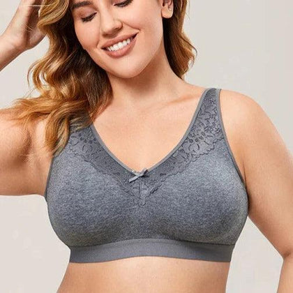 Front view of gray non wired full cup bra with lace V-neckline and wide straps - MissFine