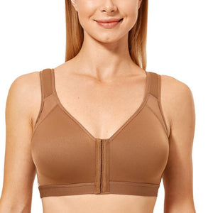 Front view of mocha plus size wireless full coverage bra with front hooks - MissFine
